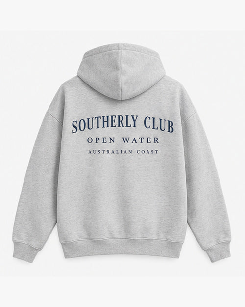 Club Letter Hoodie, light grey, back view. Generated pre-production design preview.