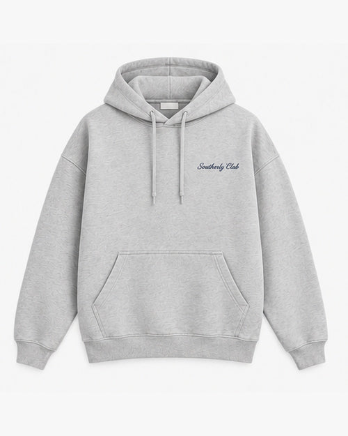 Club Letter Hoodie, light grey, front view. Generated pre-production design preview.