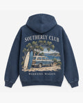 Weekend Wagon Hoodie, washed navy, back view. Generated pre-production design preview.