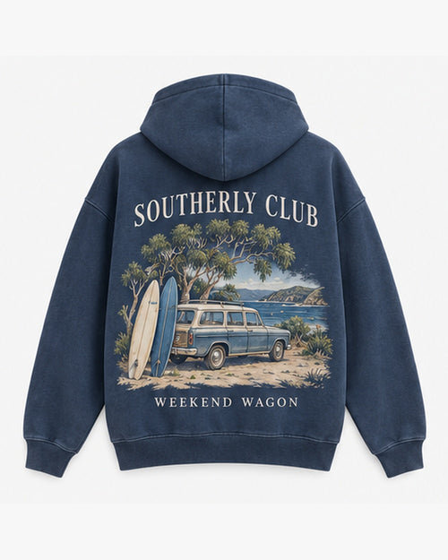 Weekend Wagon Hoodie, washed navy, back view. Generated pre-production design preview.