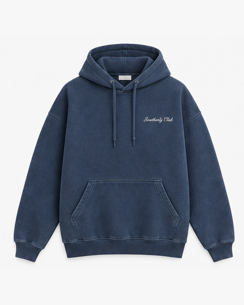 Weekend Wagon Hoodie, washed navy, front view. Generated pre-production design preview.