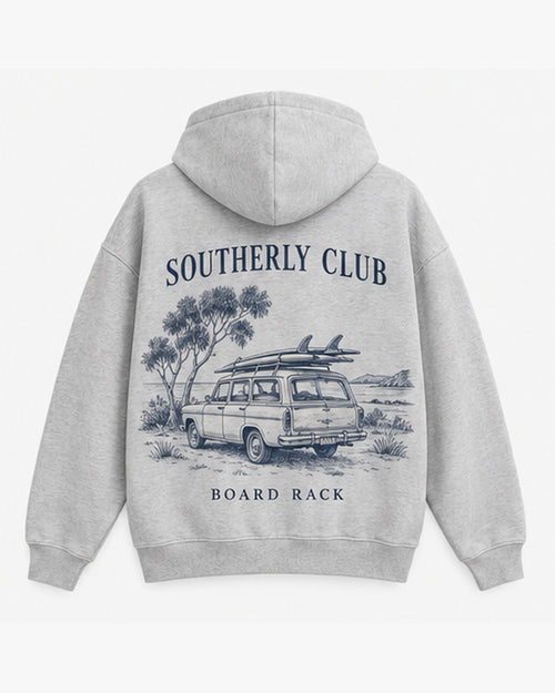Board Rack Hoodie, light grey, back view. Generated pre-production design preview.