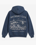 Lookout Chairs Hoodie, washed navy, back view. Generated pre-production design preview.