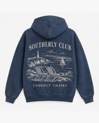 Lookout Chairs Hoodie, washed navy, back view. Generated pre-production design preview.