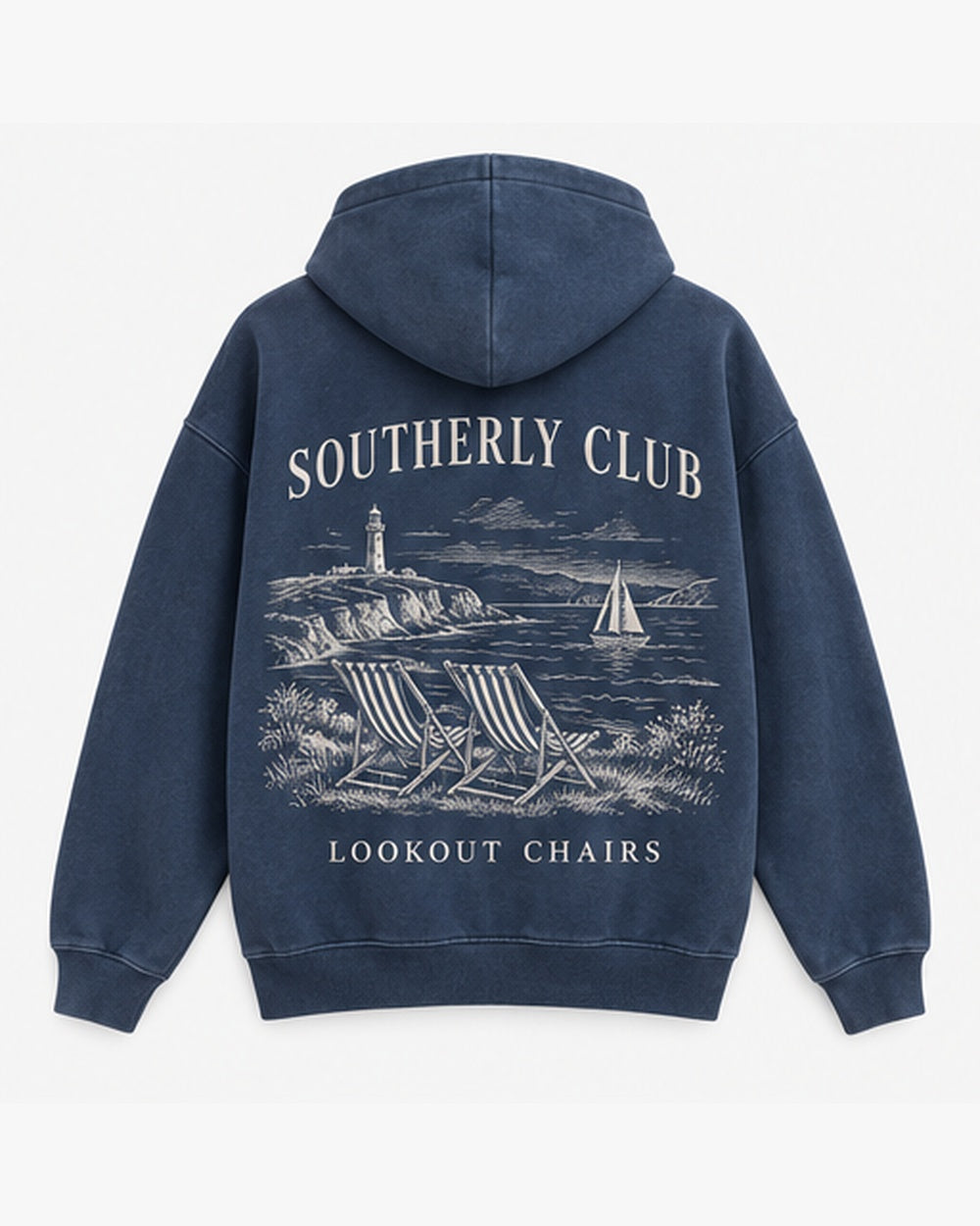 Lookout Chairs Hoodie, washed navy, back view. Generated pre-production design preview.