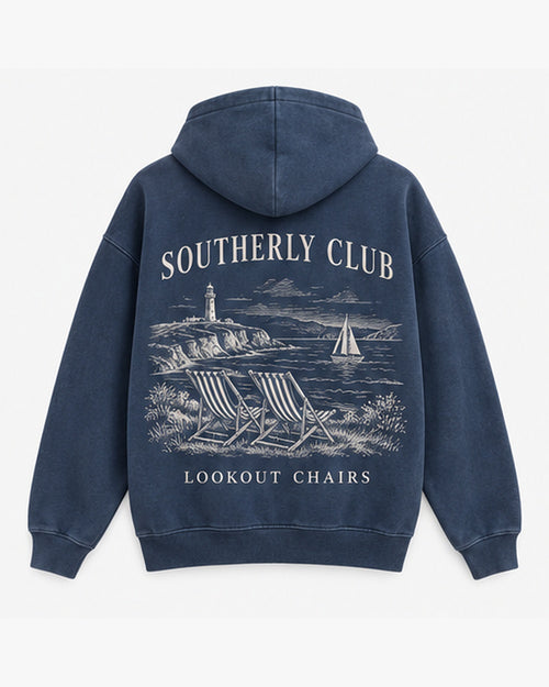 Lookout Chairs Hoodie, washed navy, back view. Generated pre-production design preview.