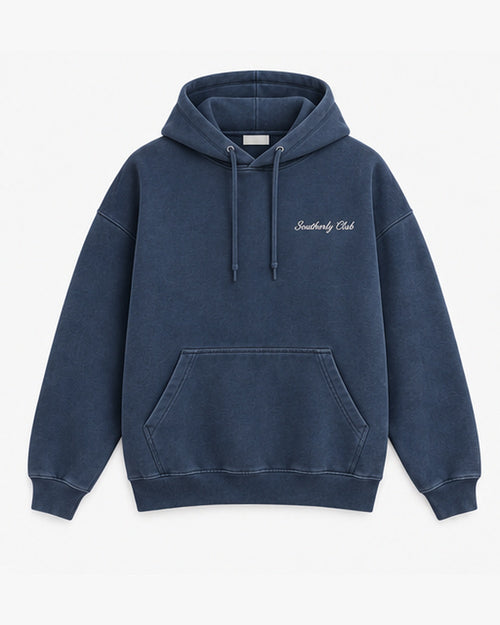 Lookout Chairs Hoodie, washed navy, front view. Generated pre-production design preview.