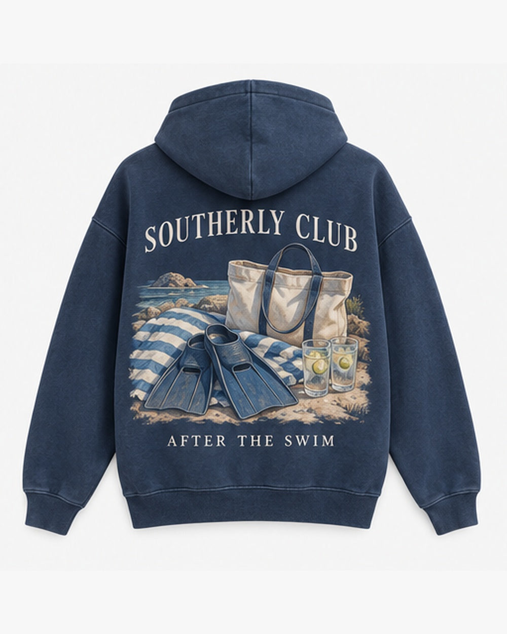 After The Swim Hoodie, washed navy, back view. Generated pre-production design preview.