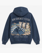 After The Swim Hoodie, washed navy, back view. Generated pre-production design preview.