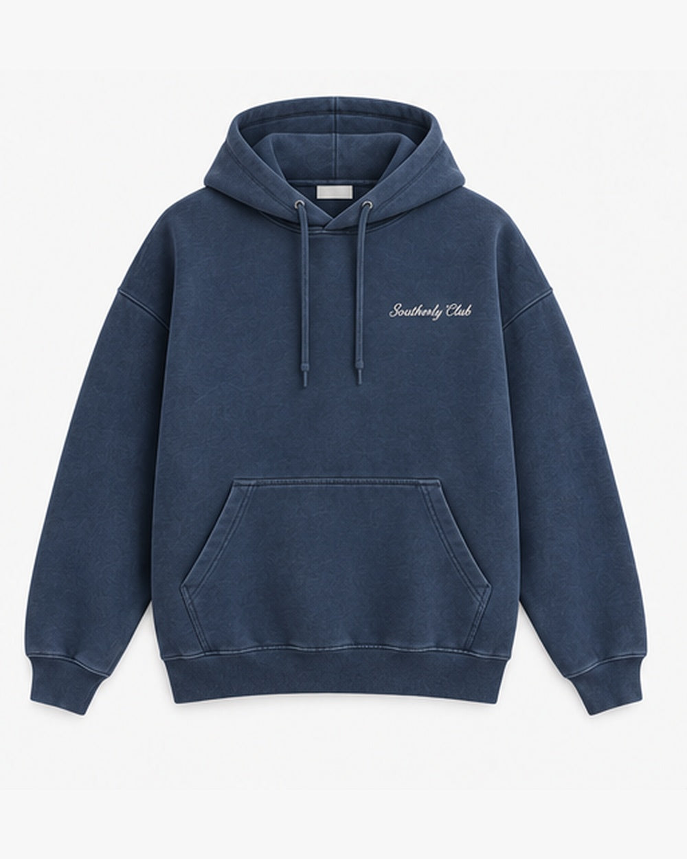 After The Swim Hoodie, washed navy, front view. Generated pre-production design preview.