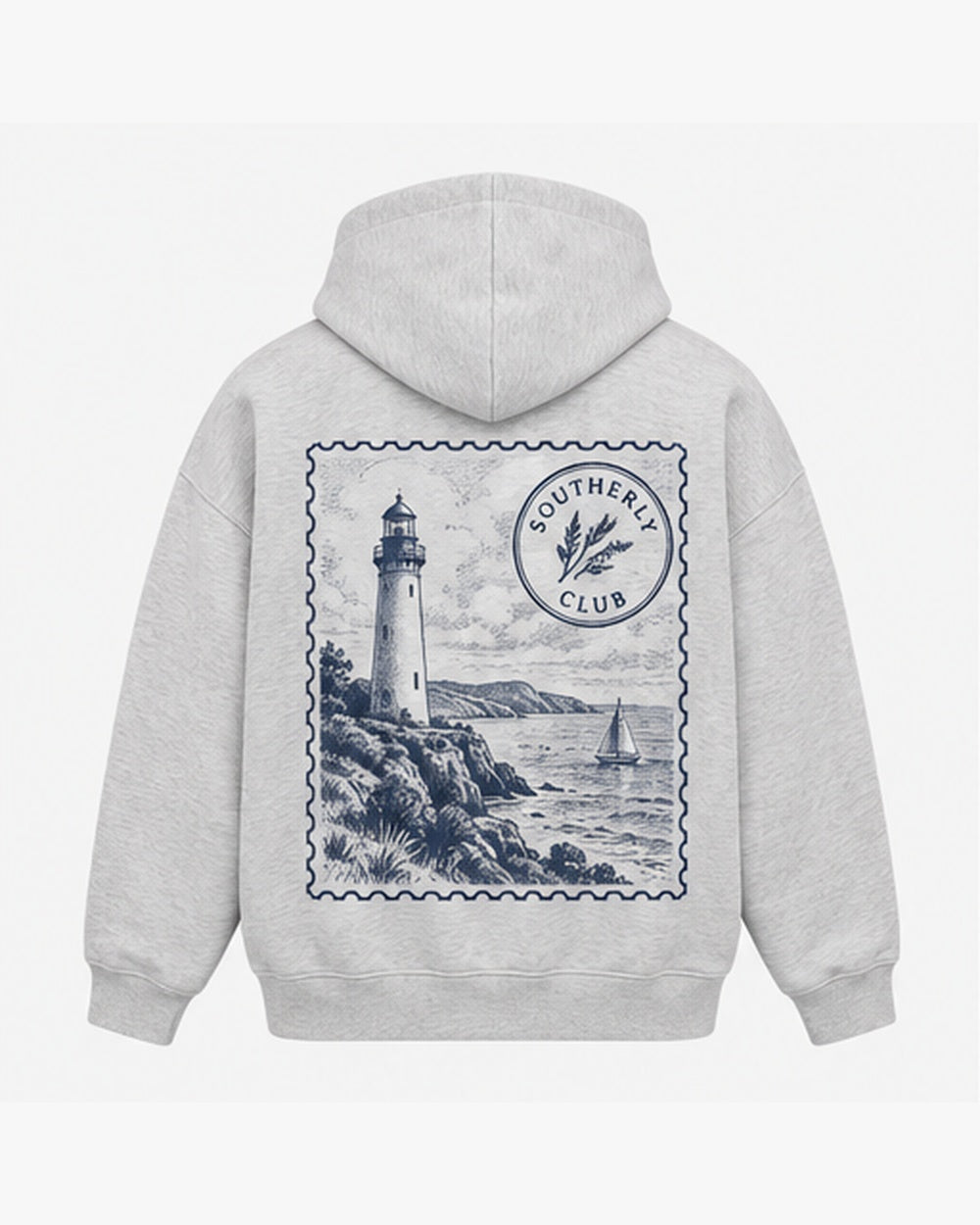 Coastal Postcard Hoodie, light grey, back view. Generated pre-production design preview.