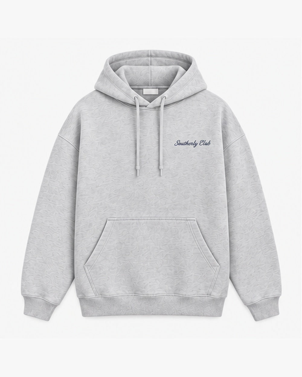 Coastal Postcard Hoodie, light grey, front view. Generated pre-production design preview.