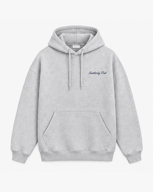 Coastal Postcard Hoodie, light grey, front view. Generated pre-production design preview.