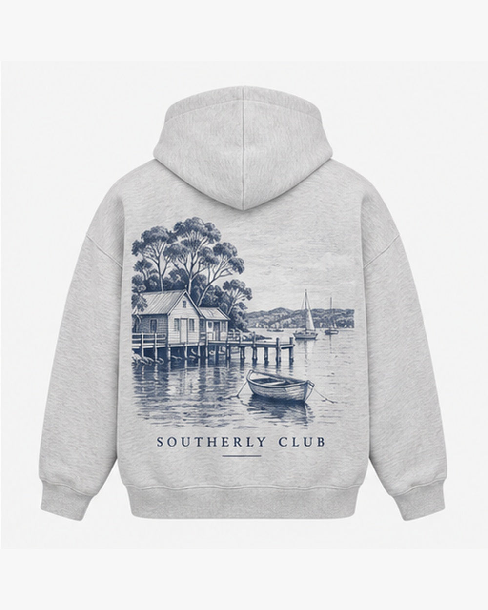 Harbour Cottages Hoodie, light grey, back view. Generated pre-production design preview.