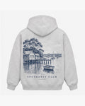 Harbour Cottages Hoodie, light grey, back view. Generated pre-production design preview.