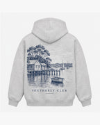 Harbour Cottages Hoodie, light grey, back view. Generated pre-production design preview.