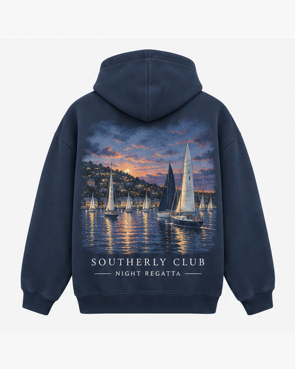 Night Regatta Hoodie, washed navy, back view. Generated pre-production design preview.
