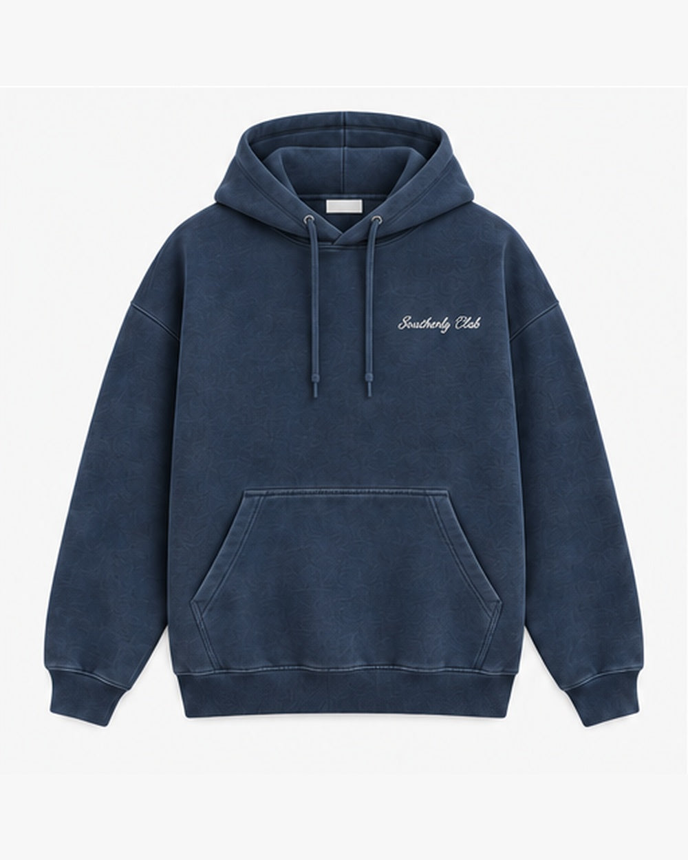 Night Regatta Hoodie, washed navy, front view. Generated pre-production design preview.