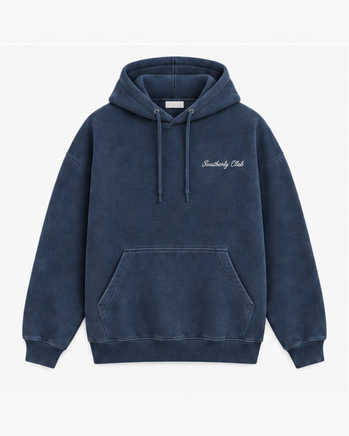 Night Regatta Hoodie, washed navy, front view. Generated pre-production design preview.