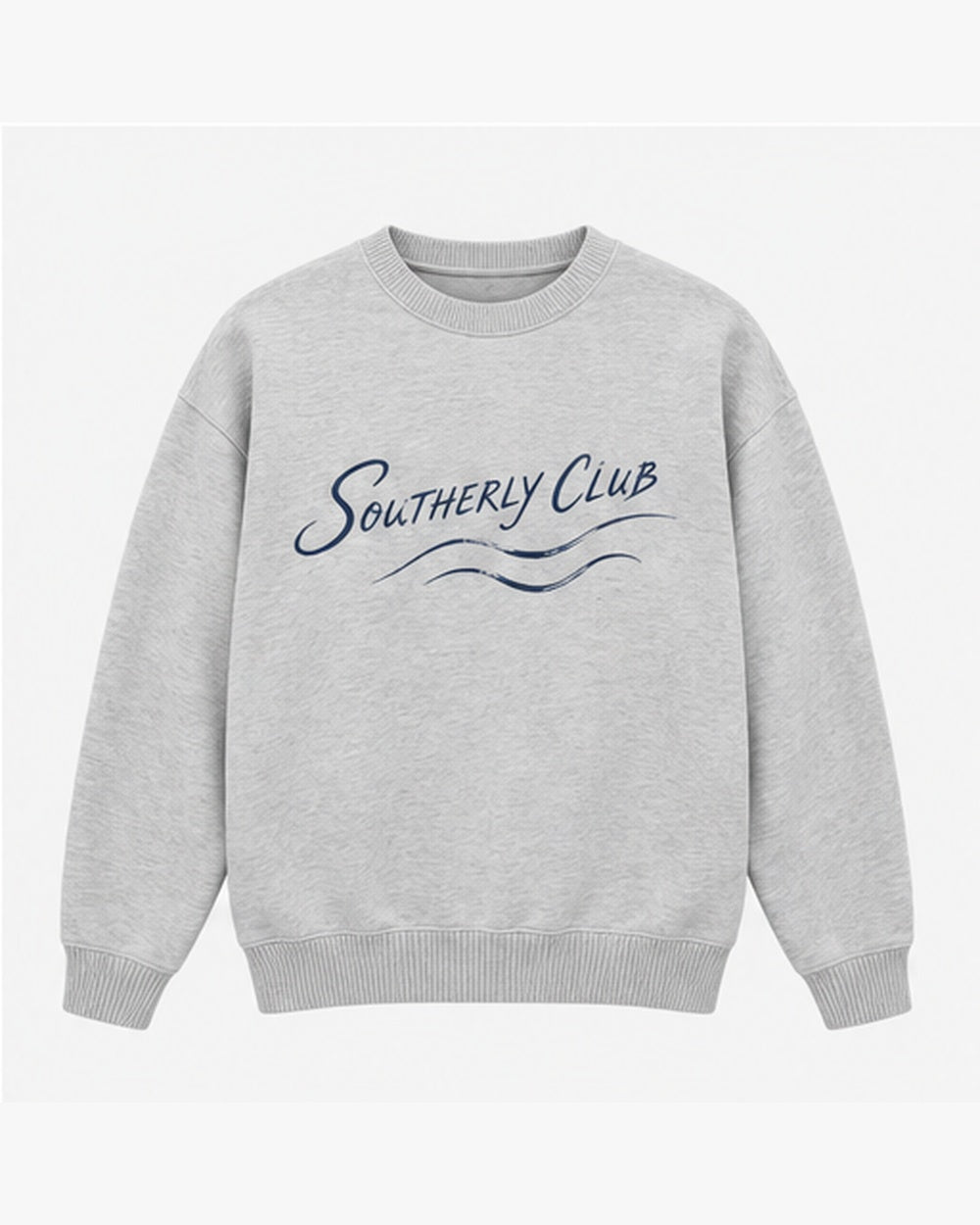 Southerly Script Crew Knit, light grey, front view. Generated pre-production design preview.