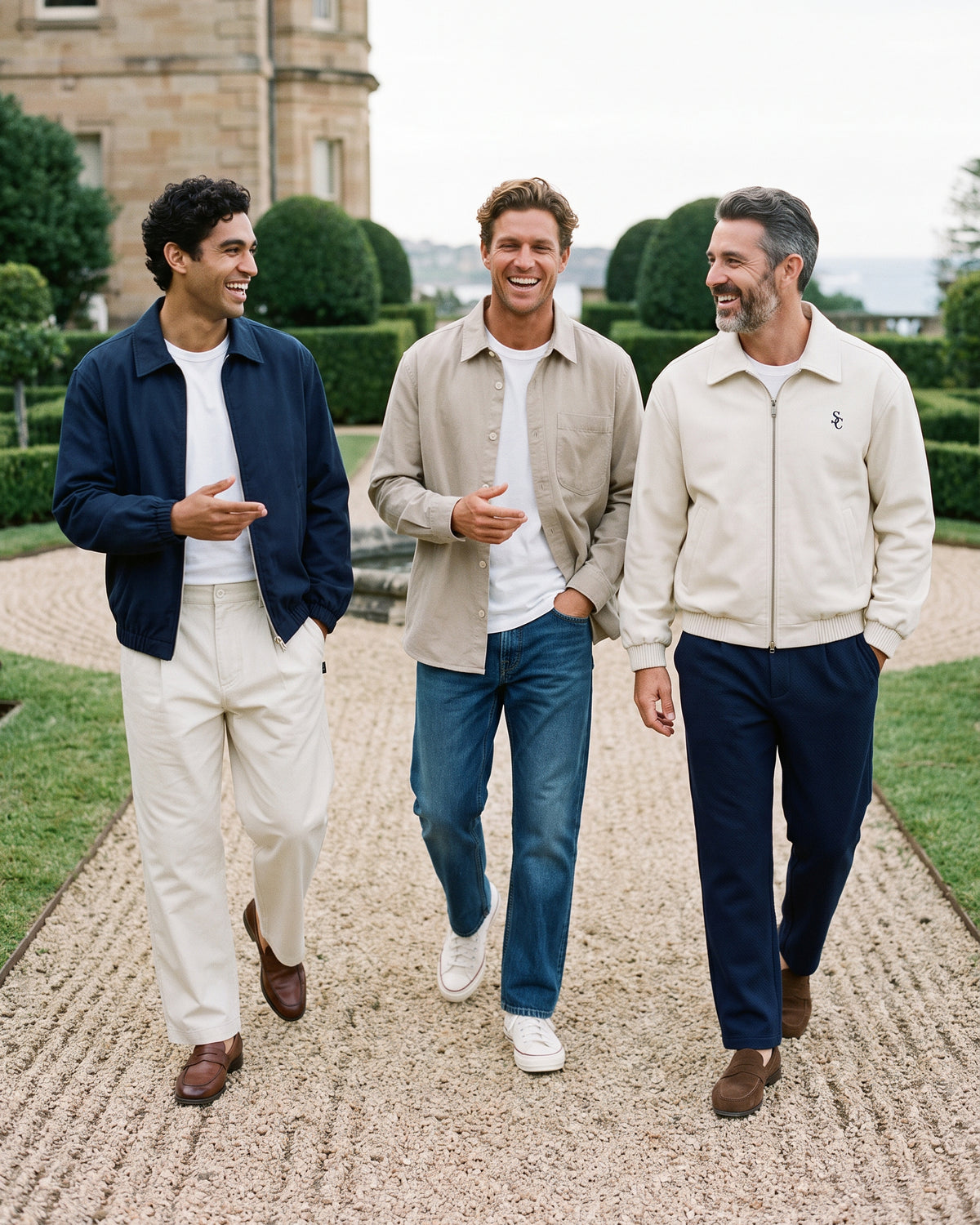 Campaign concept: three men in navy, sand and cream layers walking together. Garment details and fit are unconfirmed.