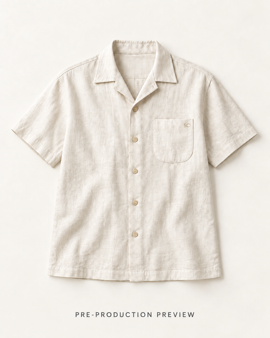 Generated pre-production flat lay preview of Chalk camp shirt.