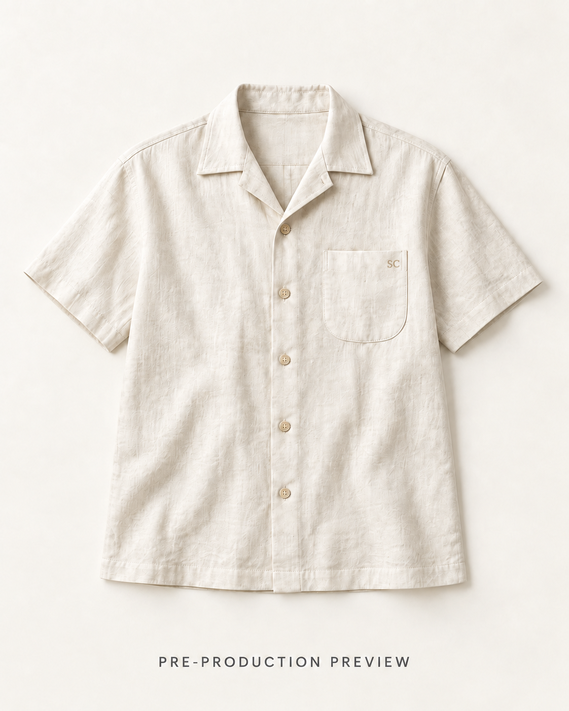 Generated pre-production flat lay preview of Chalk camp shirt.