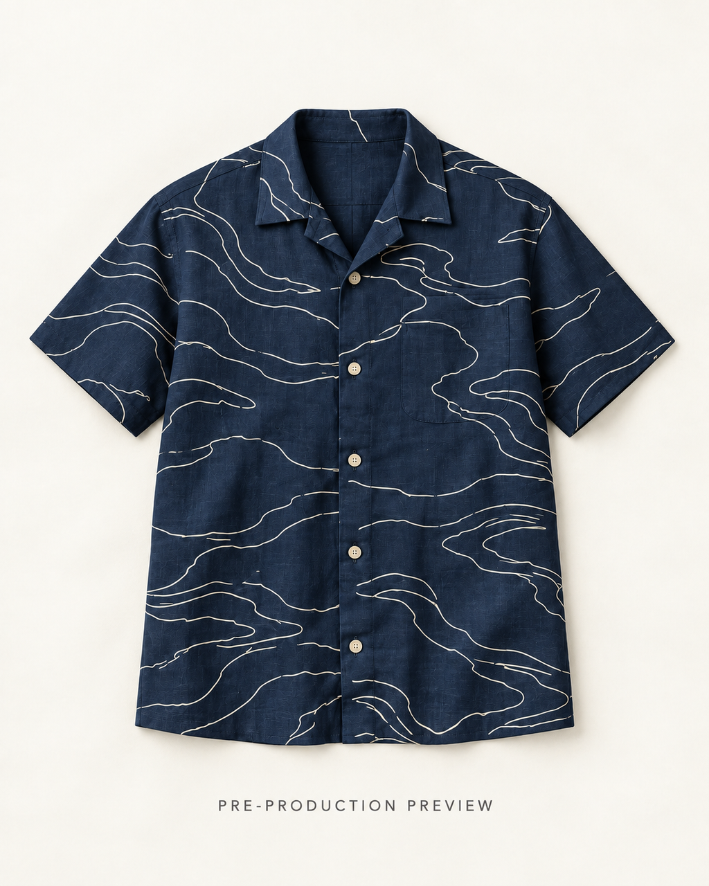 Generated pre-production flat lay preview of Tidal contour shirt.