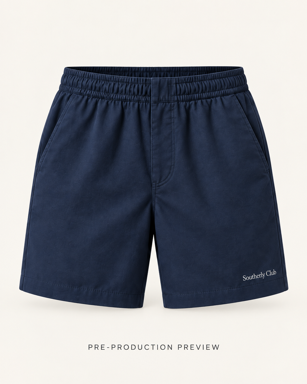 Generated pre-production front preview of Navy everyday shorts.