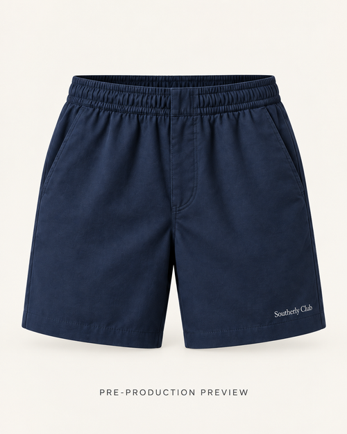 Generated pre-production front preview of Navy everyday shorts.