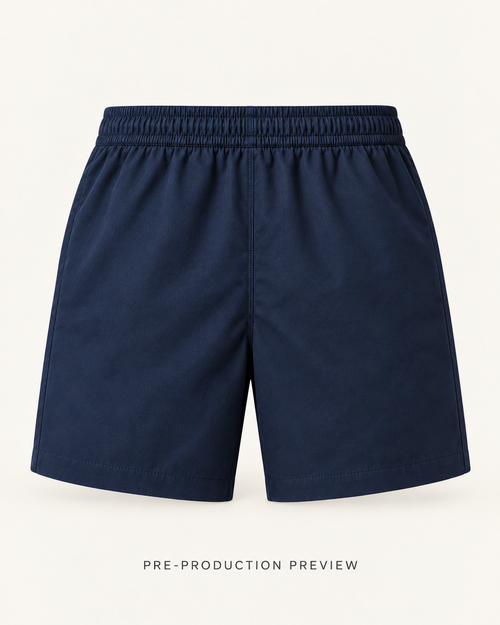 Generated pre-production back preview of Navy everyday shorts.