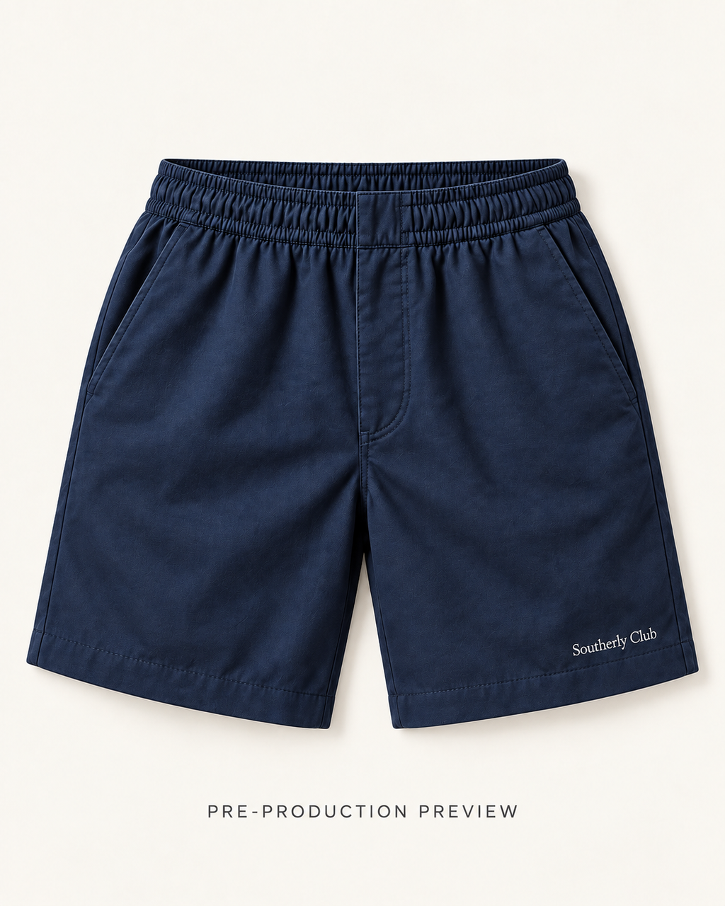Generated pre-production flat lay preview of Navy everyday shorts.