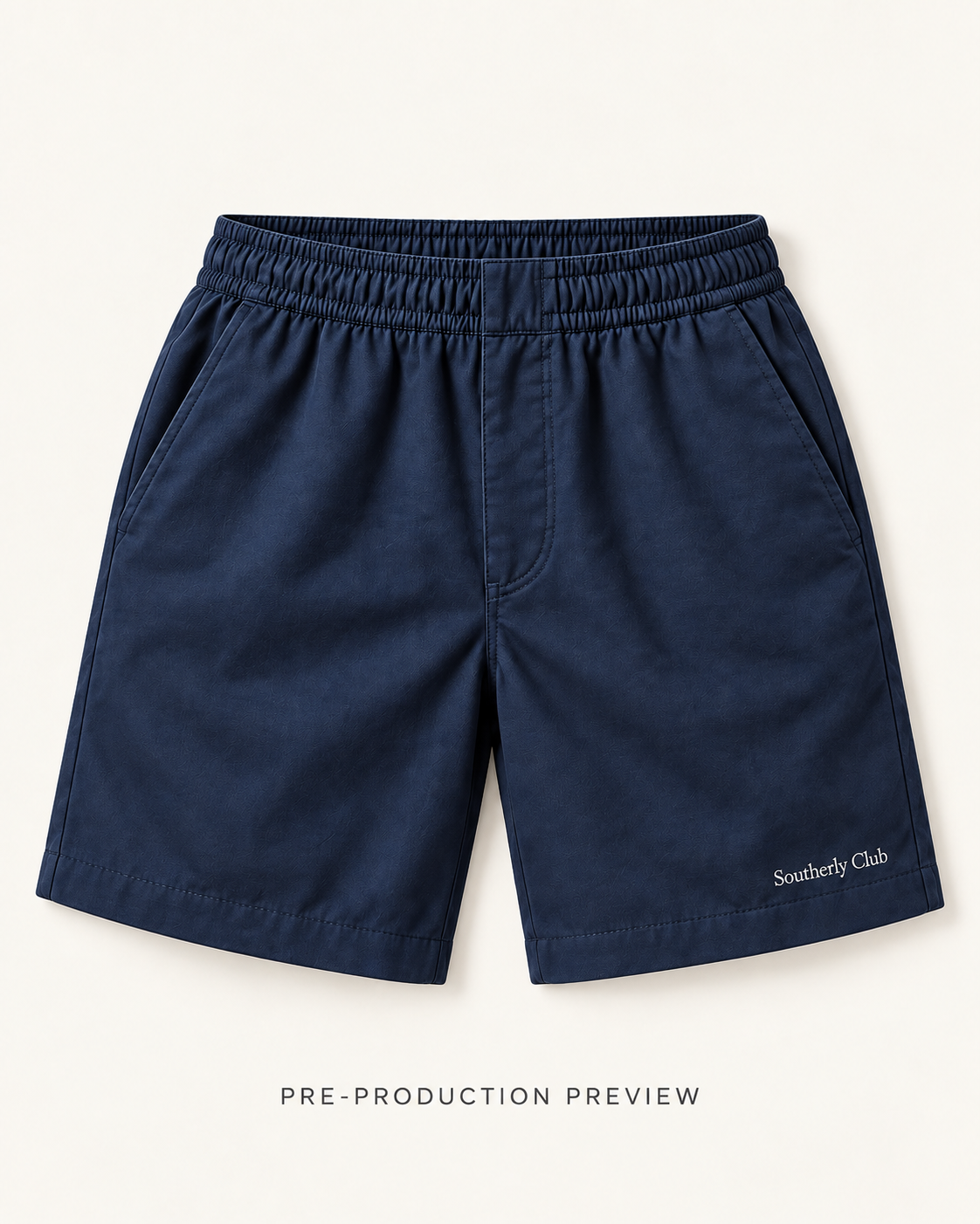 Generated pre-production flat lay preview of Navy everyday shorts.