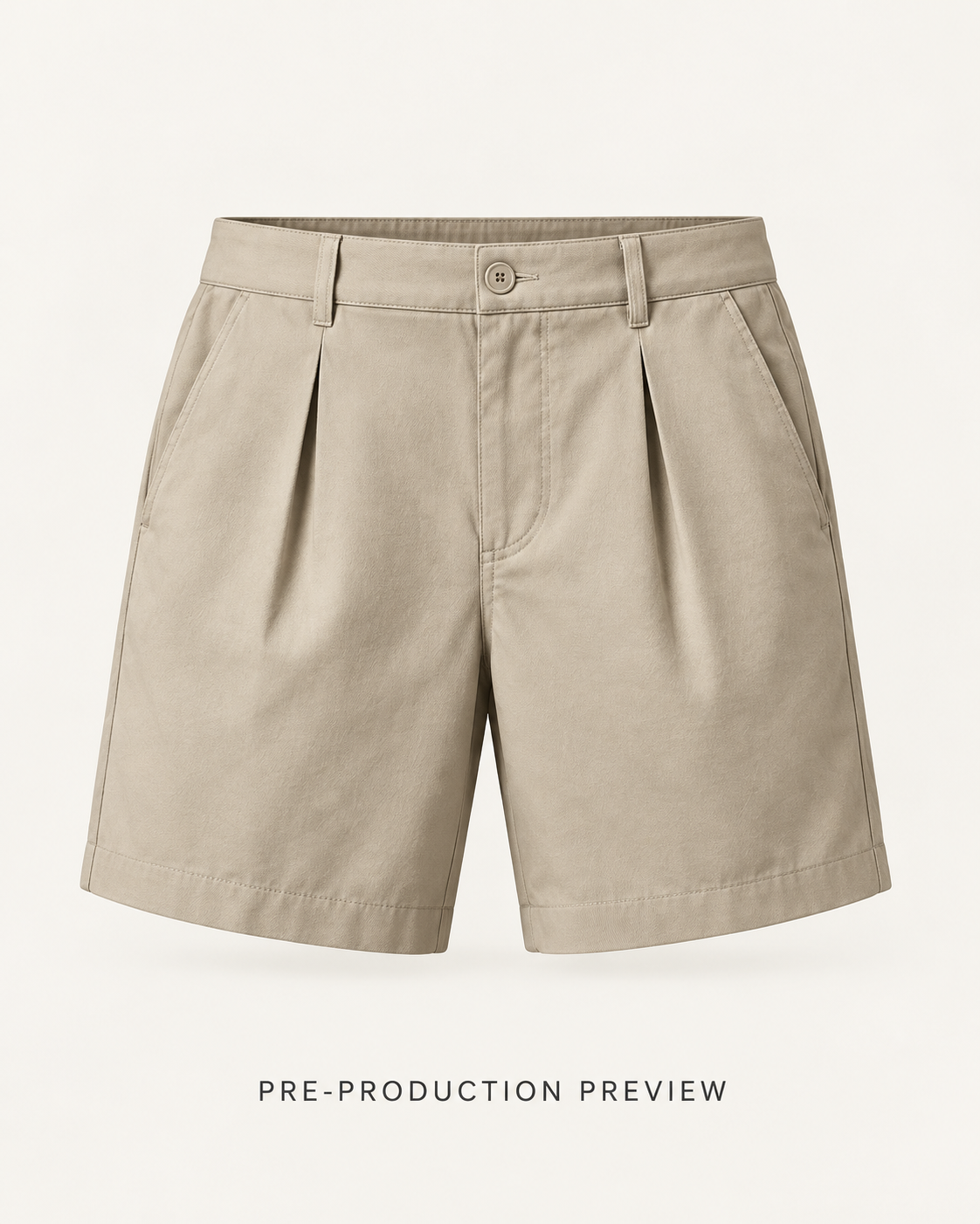 Generated pre-production front preview of Stone pleat shorts.