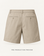 Generated pre-production back preview of Stone pleat shorts.