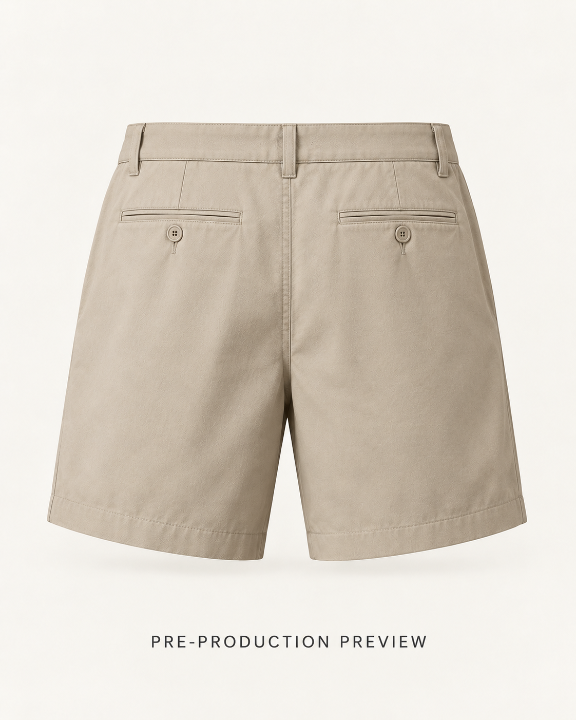 Generated pre-production back preview of Stone pleat shorts.