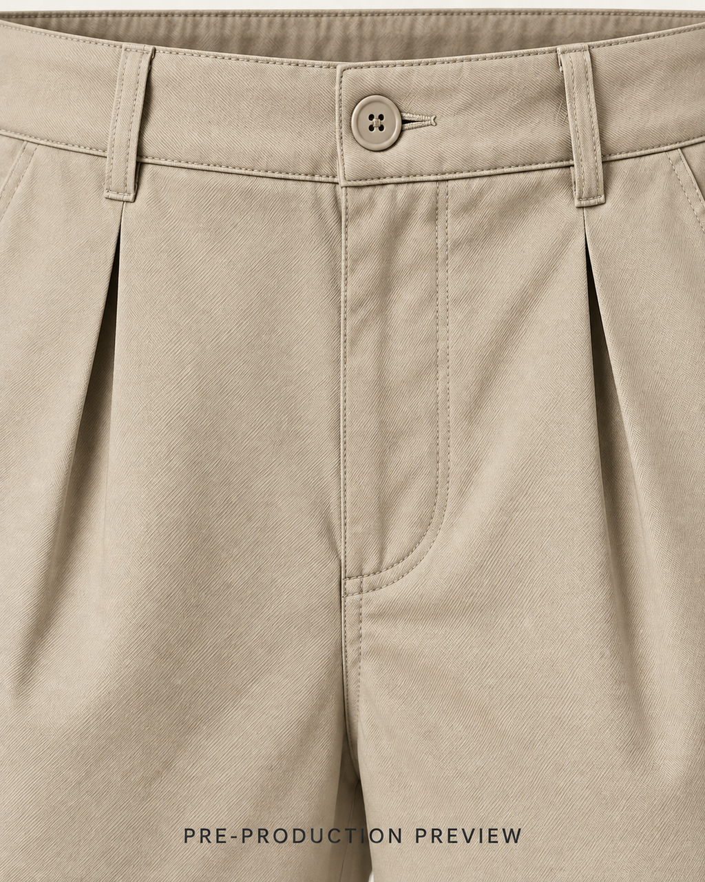 Generated pre-production artwork detail preview of Stone pleat shorts.