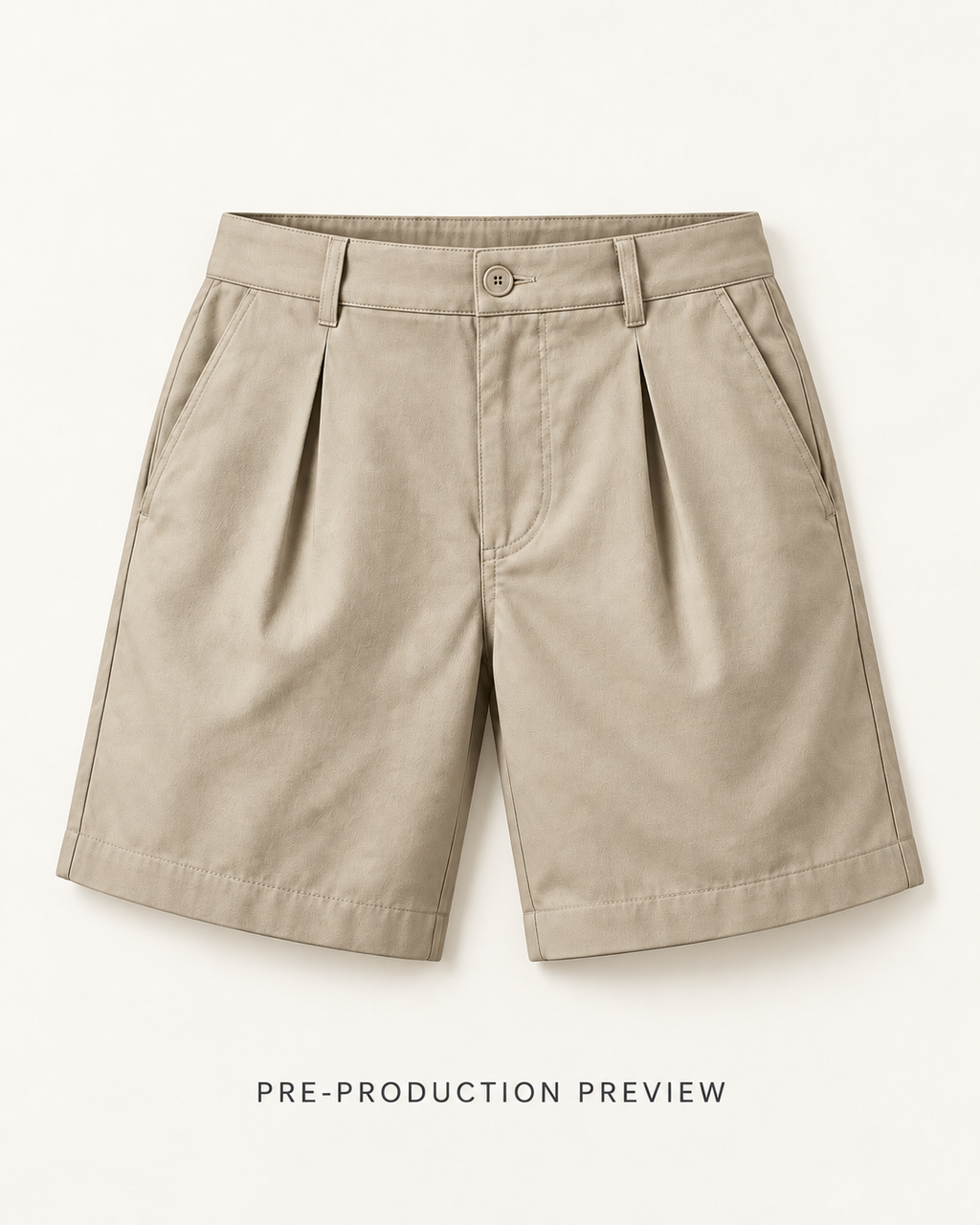 Generated pre-production flat lay preview of Stone pleat shorts.