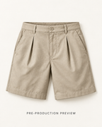 Generated pre-production flat lay preview of Stone pleat shorts.