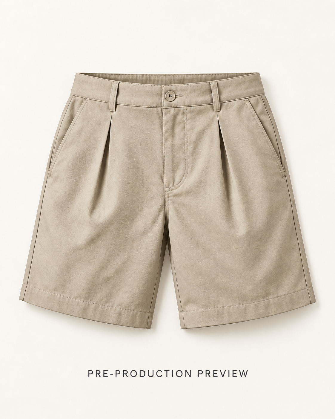 Generated pre-production flat lay preview of Stone pleat shorts.