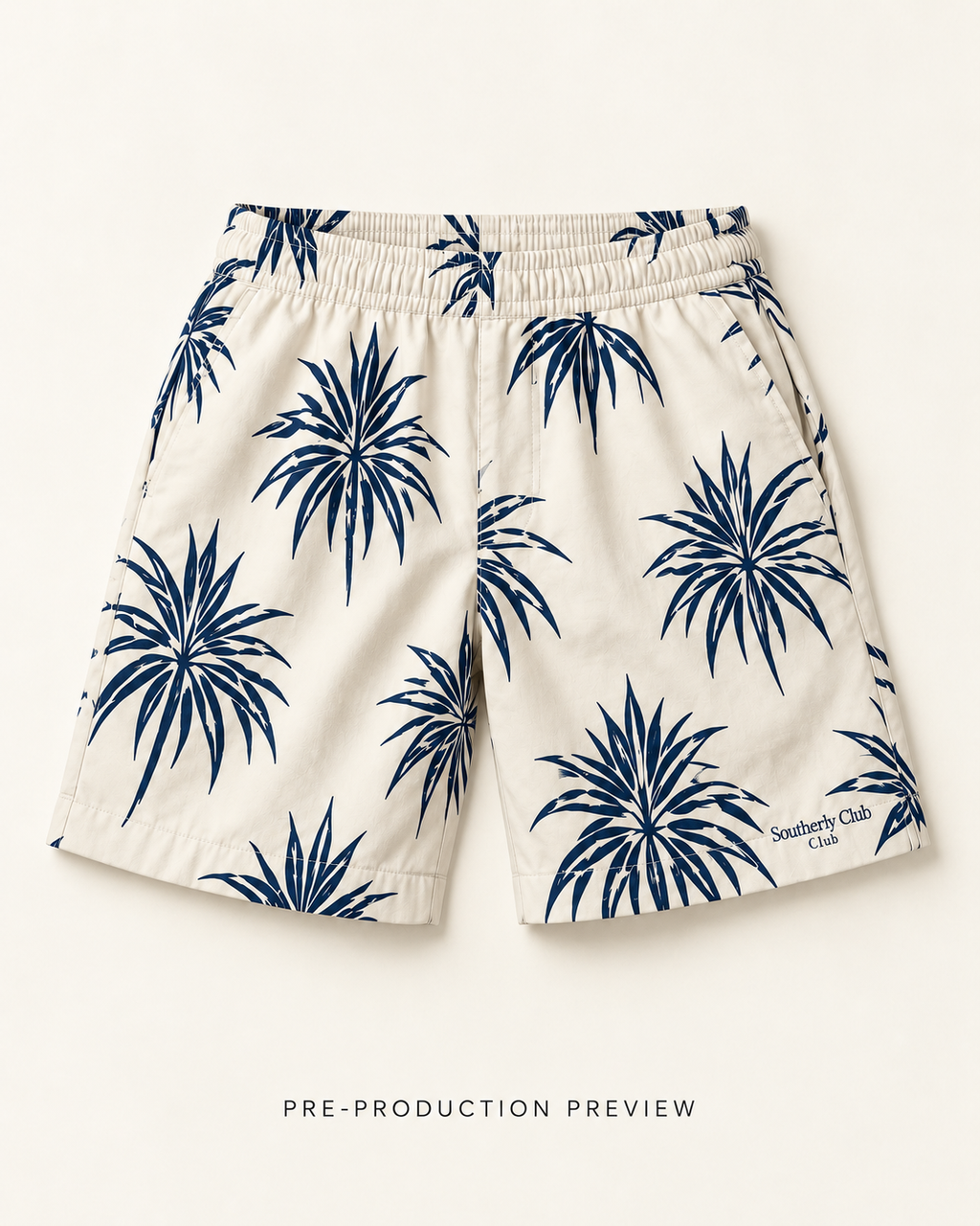 Generated pre-production flat lay preview of Coastal foliage shorts.