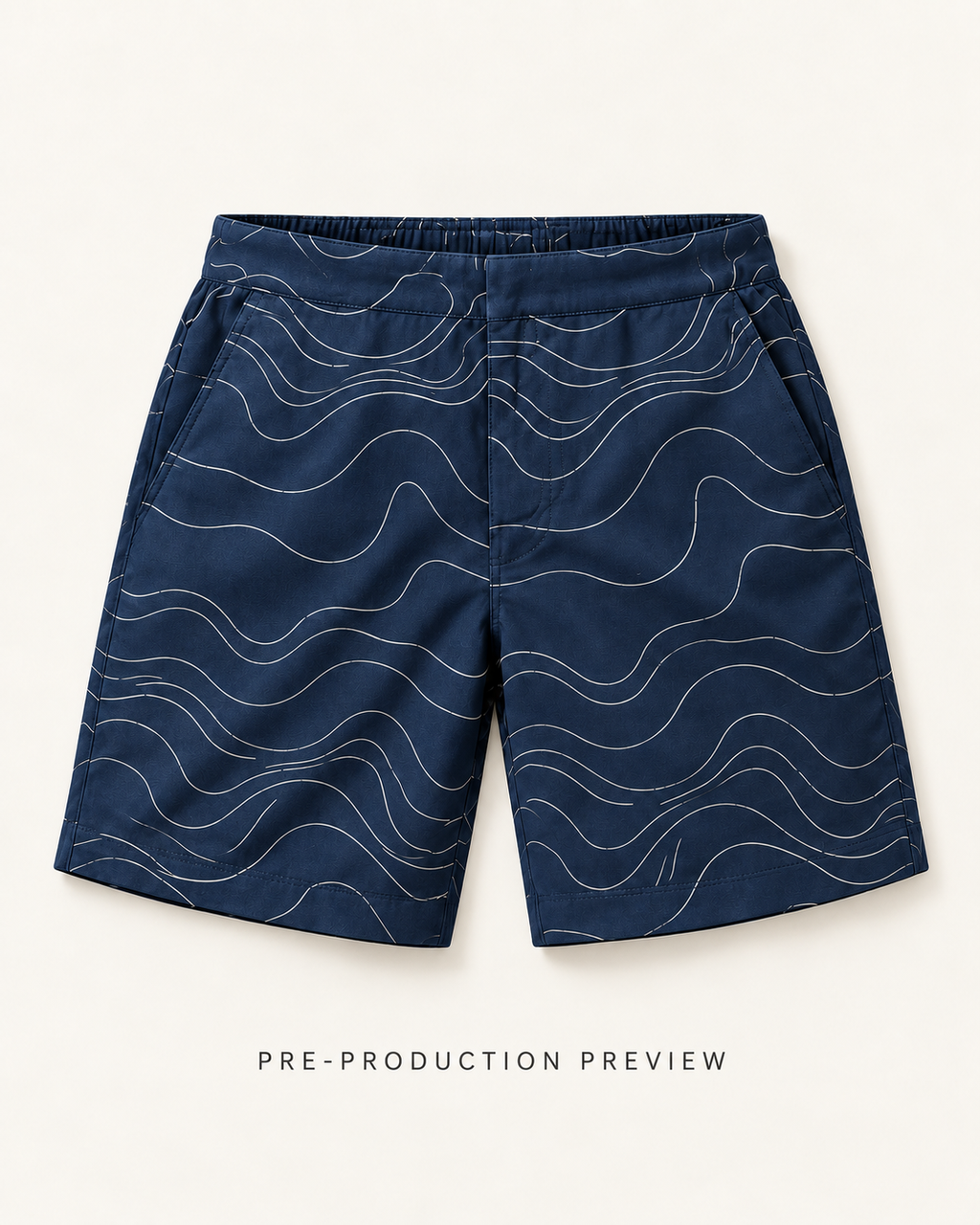 Generated pre-production flat lay preview of Tidal contour shorts.