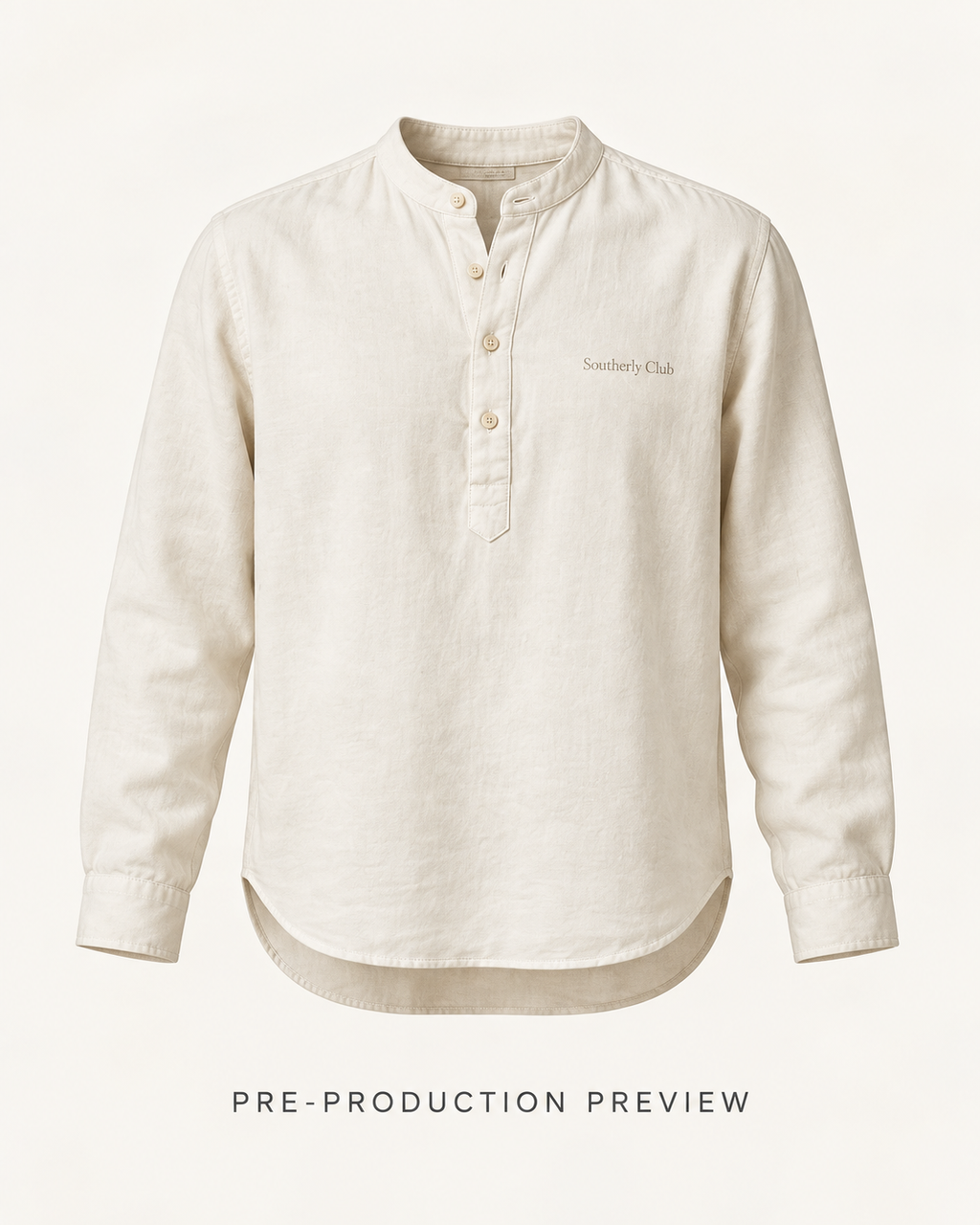 Generated pre-production front preview of Collarless popover shirt.