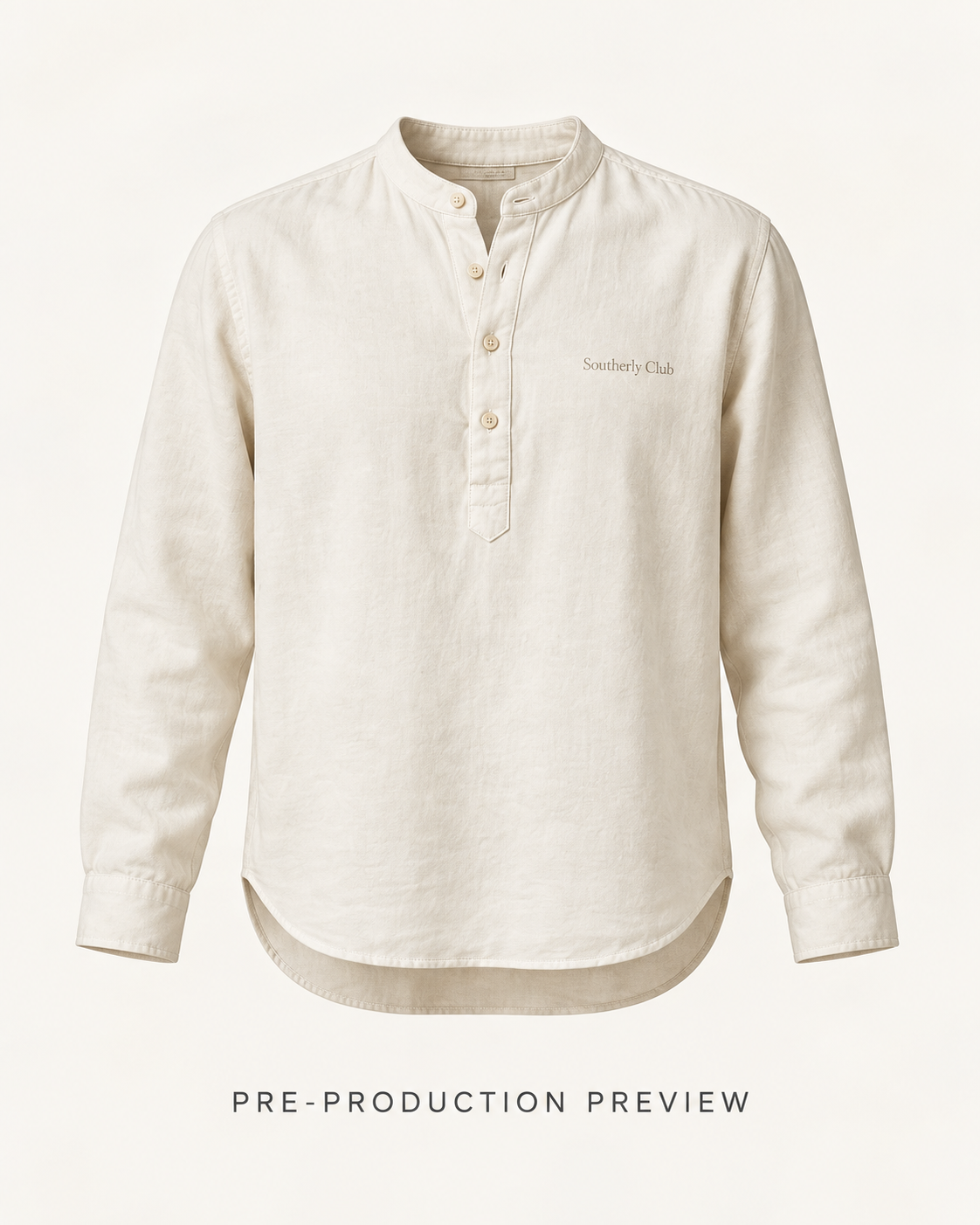 Generated pre-production front preview of Collarless popover shirt.