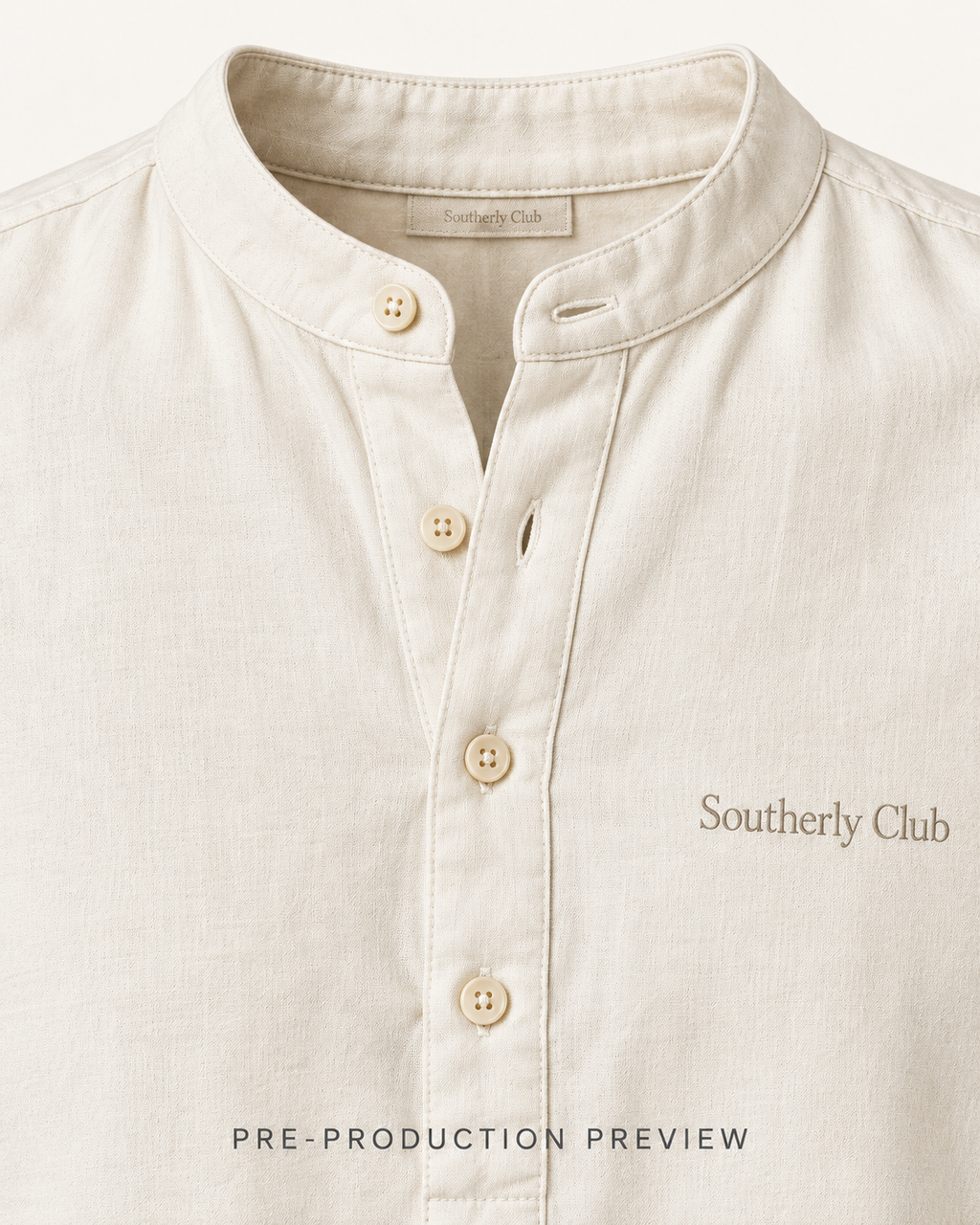 Generated pre-production artwork detail preview of Collarless popover shirt.
