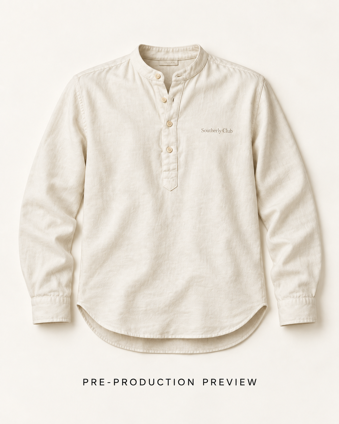 Generated pre-production flat lay preview of Collarless popover shirt.