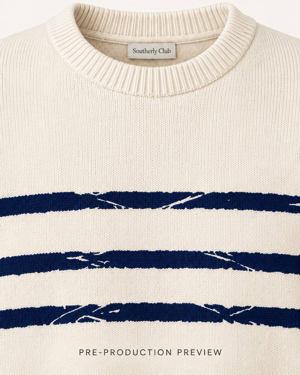 Generated pre-production artwork detail preview of Broken stripe crew jumper.