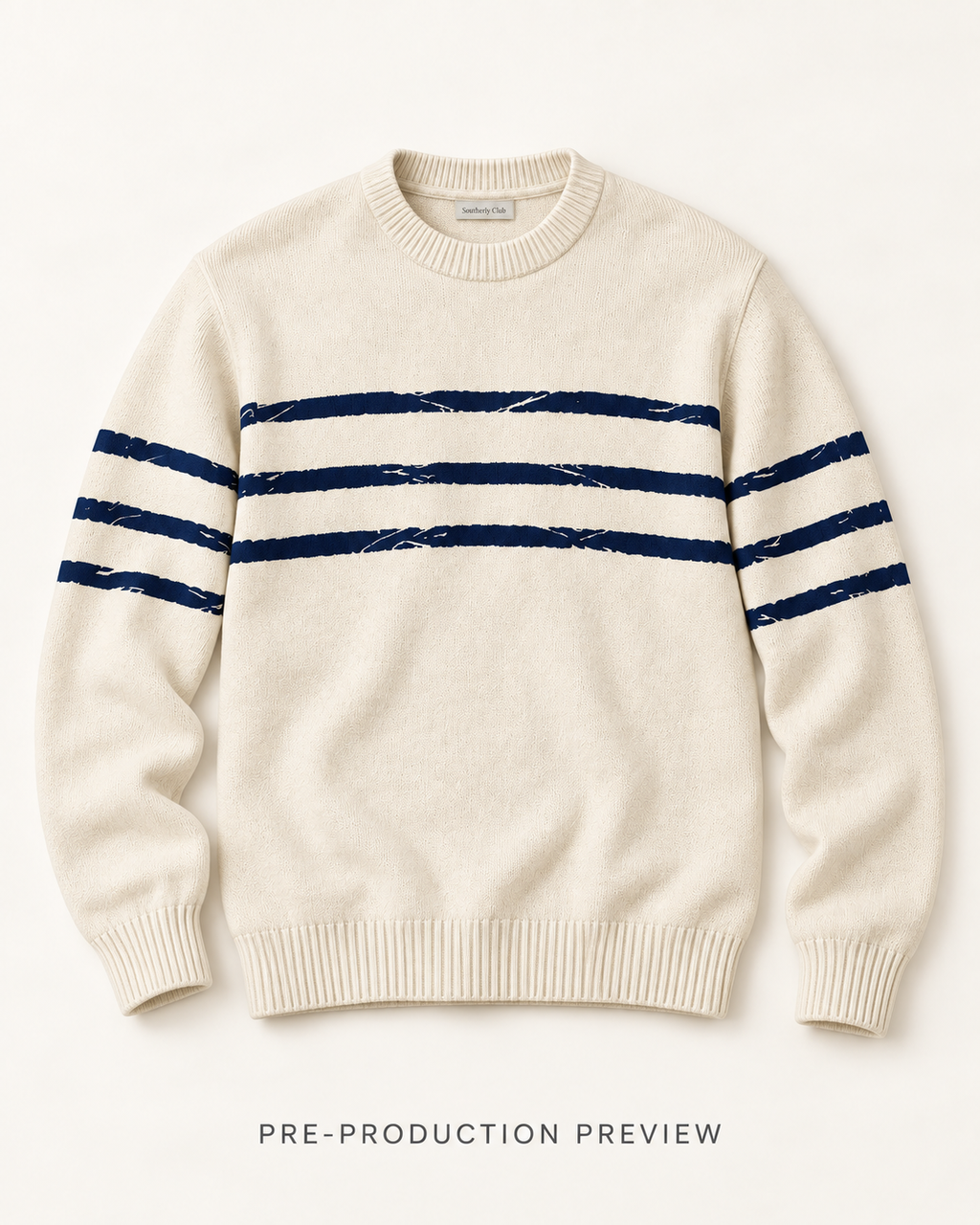 Generated pre-production flat lay preview of Broken stripe crew jumper.