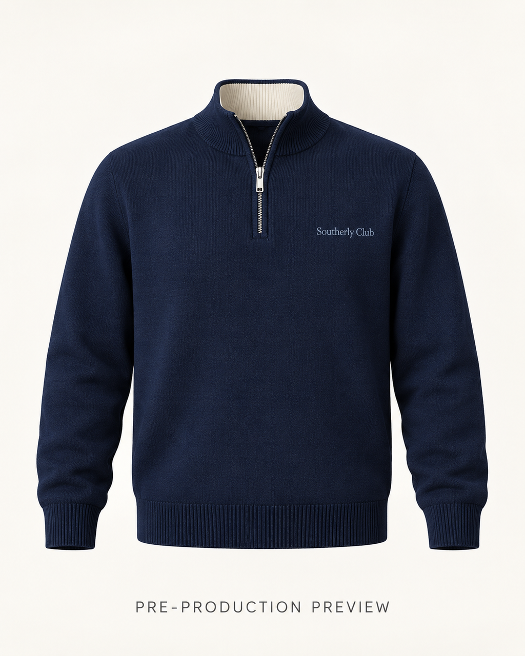Generated pre-production front preview of Navy quarter-zip jumper.