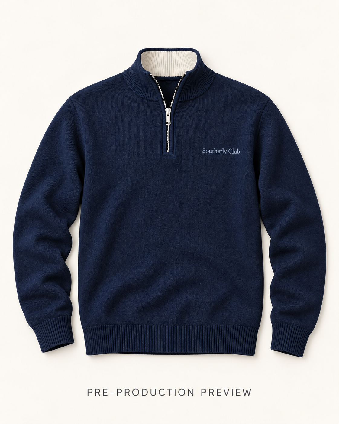 Generated pre-production flat lay preview of Navy quarter-zip jumper.